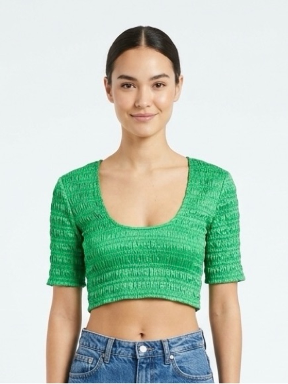 Ganni Green Smocked Scoop Crop Top